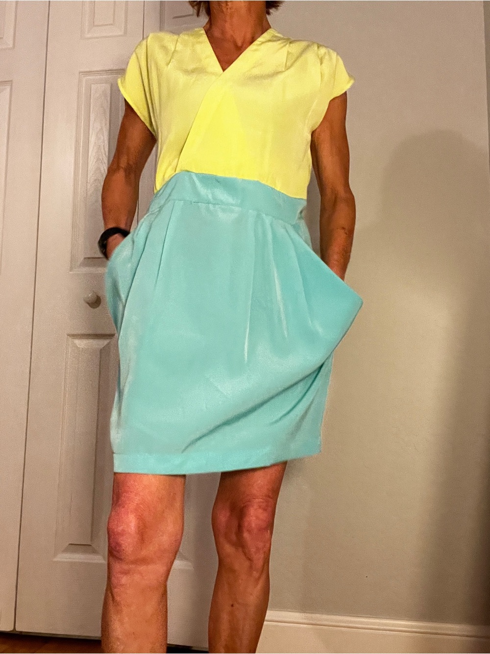 Colorblock Mini Dress with Pleated Skirt - Yellow & Aqua